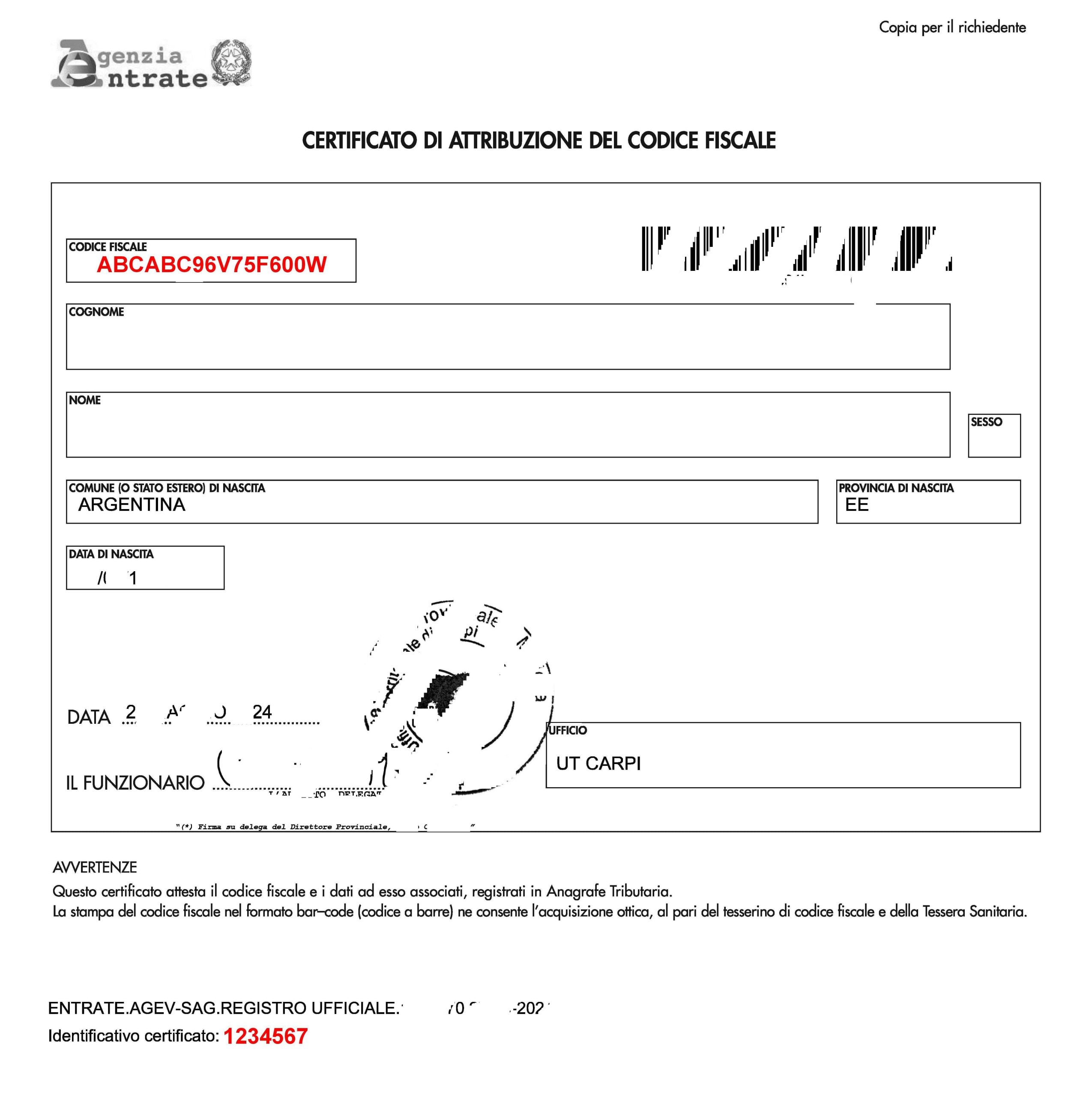 CertificatoAttribuzioneCodiceFiscale